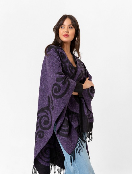 Çift Taraflı Omuz Şal Panço Desenli