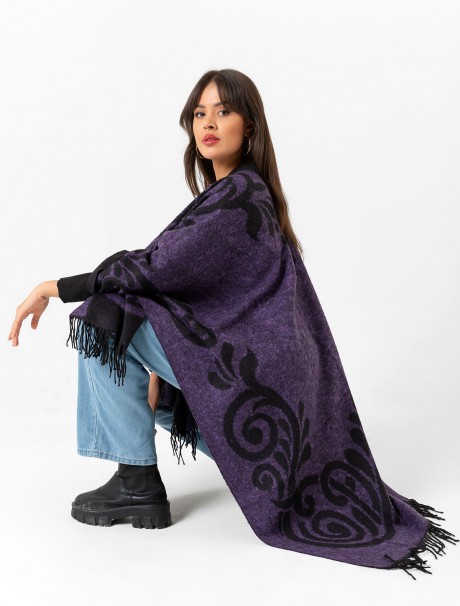 Çift Taraflı Omuz Şal Panço Desenli