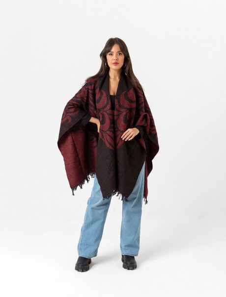 Çift Taraflı Omuz Şal Panço Desenli