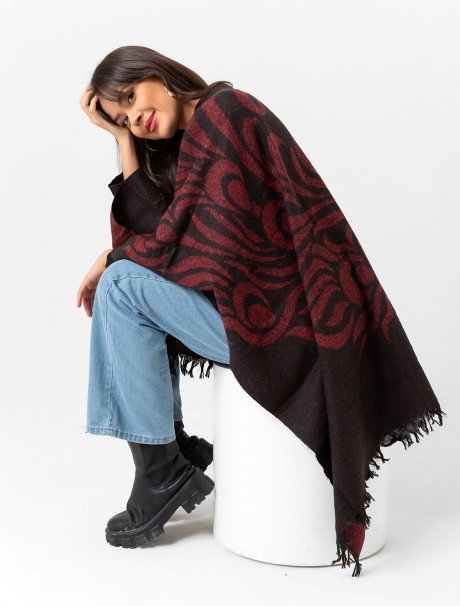 Çift Taraflı Omuz Şal Panço Desenli