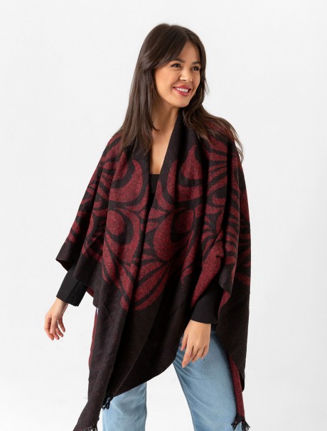 Çift Taraflı Omuz Şal Panço Desenli