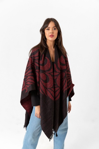 Çift Taraflı Omuz Şal Panço Desenli