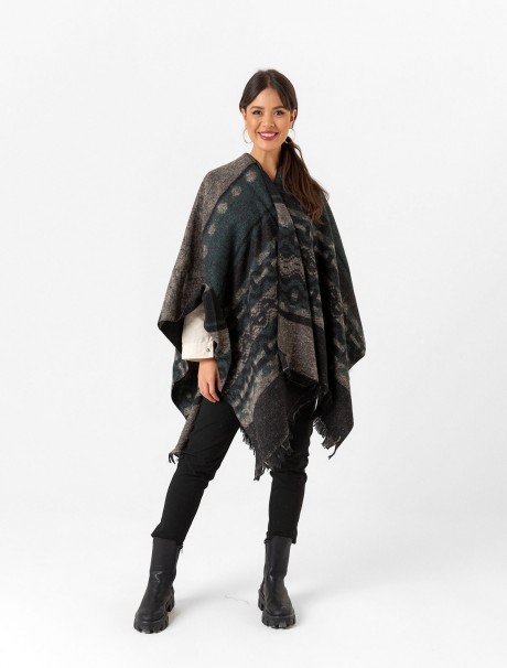 Çift Taraflı Omuz Şal Panço Karışık Desen