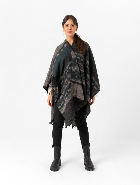 Çift Taraflı Omuz Şal Panço Karışık Desen