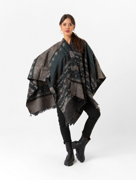 Çift Taraflı Omuz Şal Panço Karışık Desen