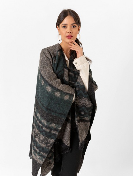 Çift Taraflı Omuz Şal Panço Karışık Desen