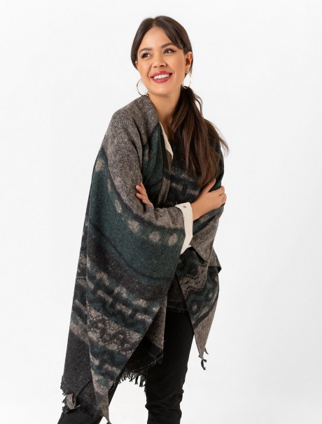 Çift Taraflı Omuz Şal Panço Karışık Desen