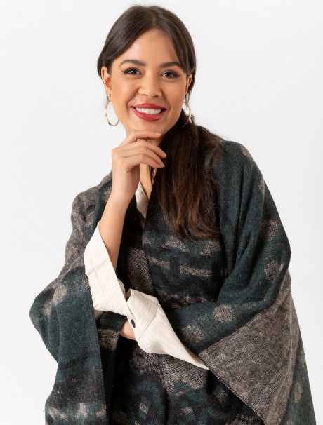 Çift Taraflı Omuz Şal Panço Karışık Desen