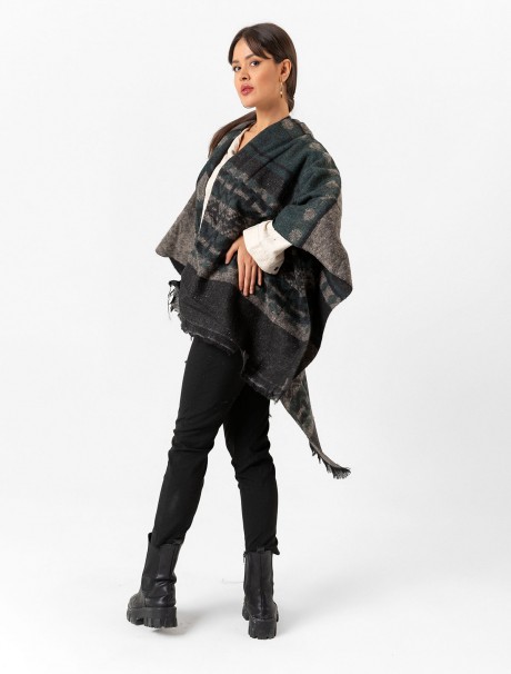 Çift Taraflı Omuz Şal Panço Karışık Desen