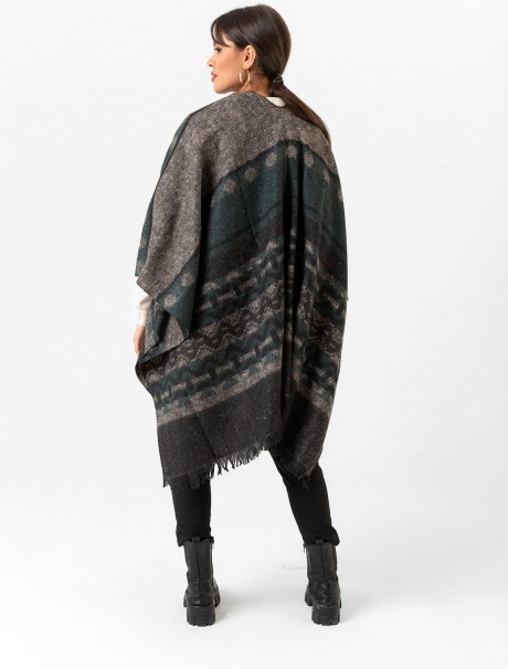 Çift Taraflı Omuz Şal Panço Karışık Desen