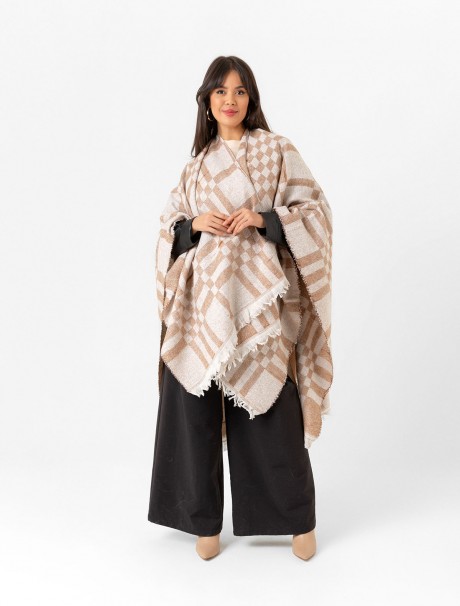 Çift Taraflı Omuz Şal Panço Karışık Desen
