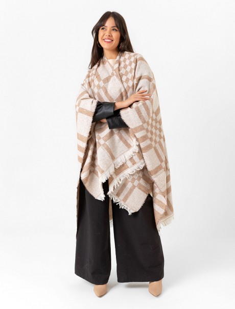 Çift Taraflı Omuz Şal Panço Karışık Desen