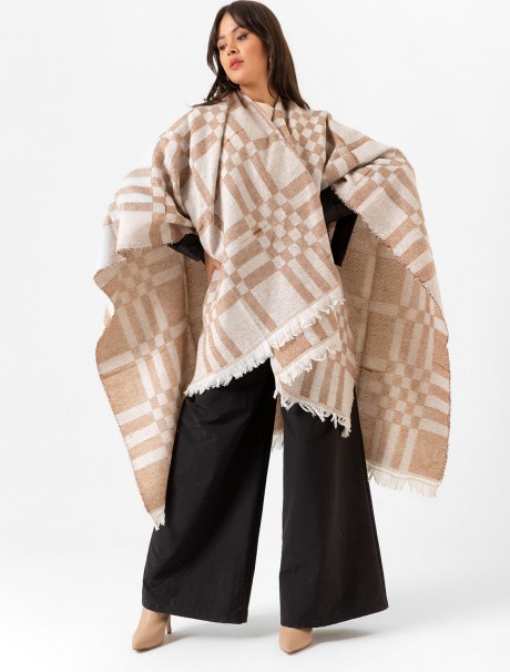 Çift Taraflı Omuz Şal Panço Karışık Desen