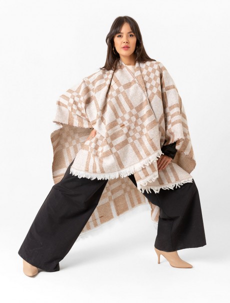 Çift Taraflı Omuz Şal Panço Karışık Desen