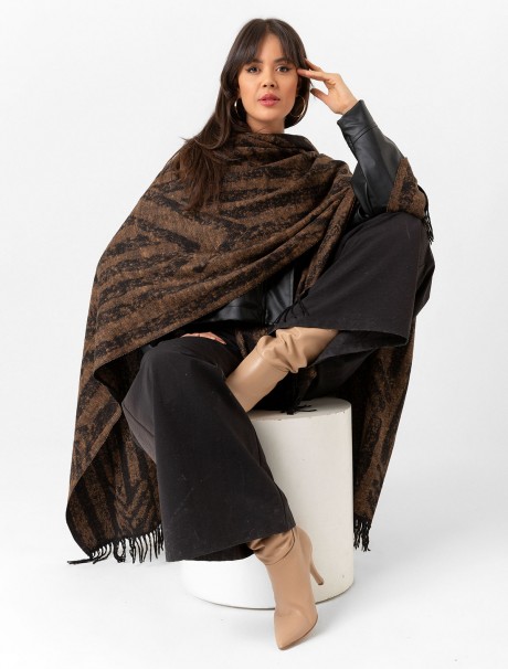 Çift Taraflı Omuz Şal Panço Karışık Desen