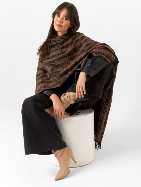 Çift Taraflı Omuz Şal Panço Karışık Desen