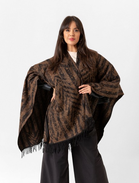 Çift Taraflı Omuz Şal Panço Karışık Desen