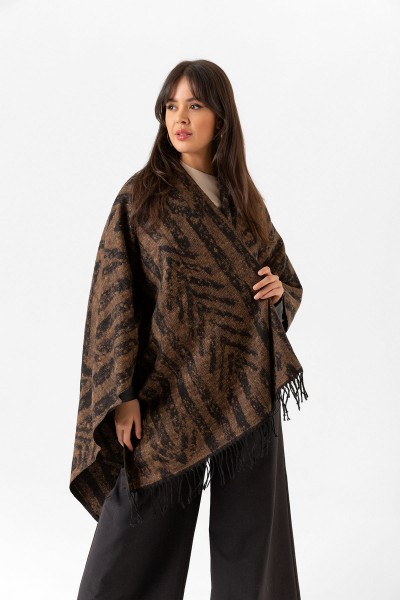 Çift Taraflı Omuz Şal Panço Karışık Desen