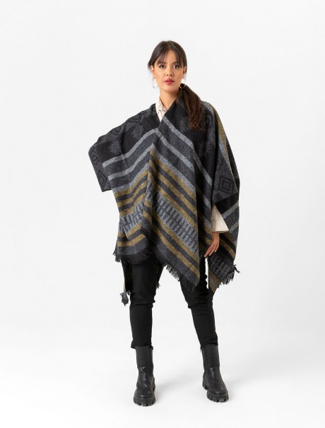 Çift Taraflı Omuz Şal Panço Karışık Desen