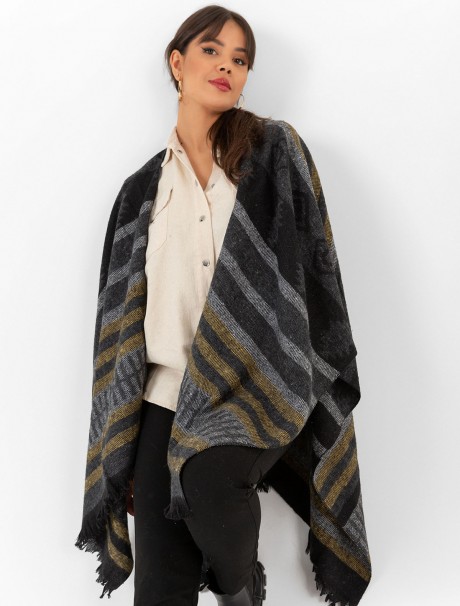 Çift Taraflı Omuz Şal Panço Karışık Desen