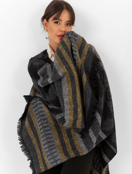 Çift Taraflı Omuz Şal Panço Karışık Desen