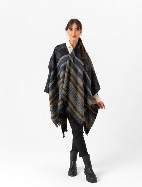 Çift Taraflı Omuz Şal Panço Karışık Desen