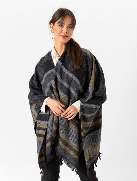 Çift Taraflı Omuz Şal Panço Karışık Desen