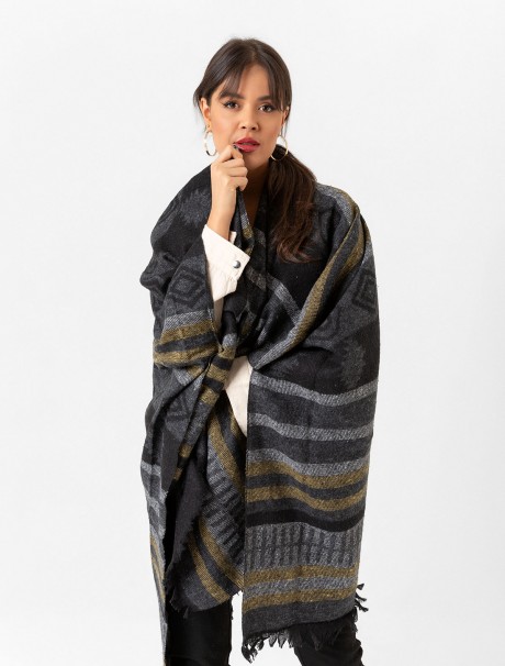 Çift Taraflı Omuz Şal Panço Karışık Desen