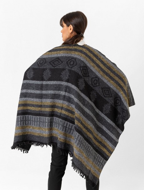 Çift Taraflı Omuz Şal Panço Karışık Desen