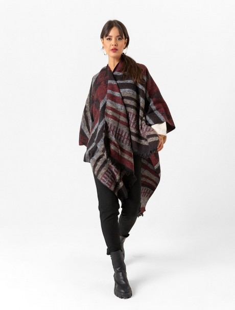 Çift Taraflı Omuz Şal Panço Karışık Desen