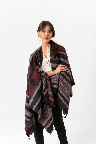 Çift Taraflı Omuz Şal Panço Karışık Desen