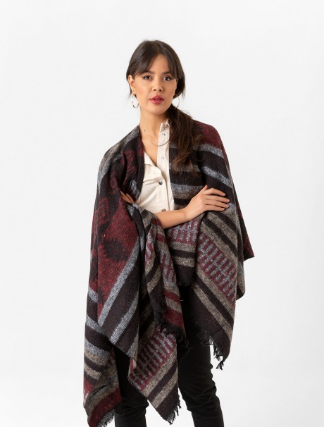 Çift Taraflı Omuz Şal Panço Karışık Desen