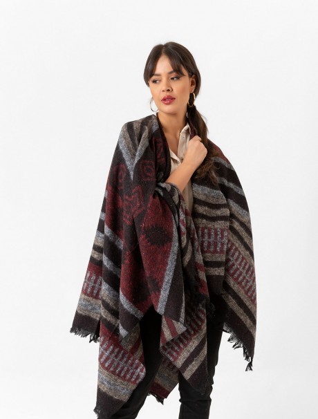 Çift Taraflı Omuz Şal Panço Karışık Desen