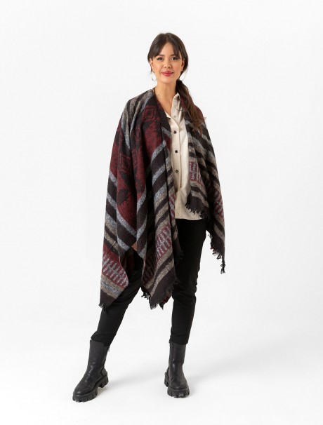 Çift Taraflı Omuz Şal Panço Karışık Desen