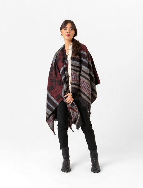 Çift Taraflı Omuz Şal Panço Karışık Desen