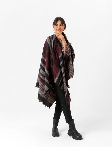 Çift Taraflı Omuz Şal Panço Karışık Desen