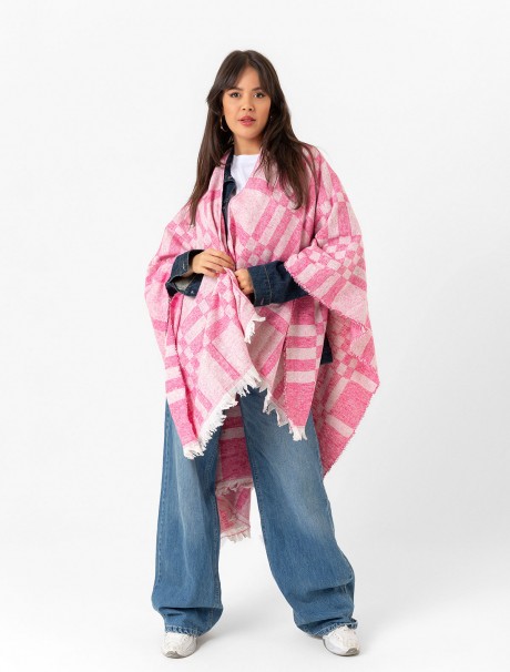 Çift Taraflı Omuz Şal Panço Karışık Desen