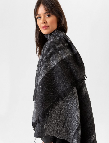 Çift Taraflı Omuz Şal Panço Karışık Desen