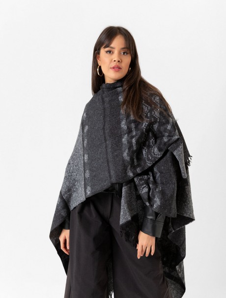 Çift Taraflı Omuz Şal Panço Karışık Desen