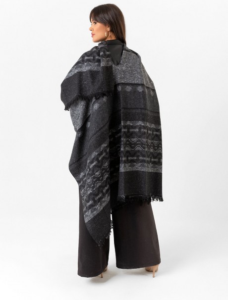Çift Taraflı Omuz Şal Panço Karışık Desen