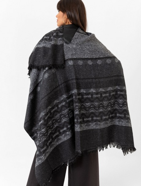 Çift Taraflı Omuz Şal Panço Karışık Desen