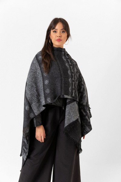 Çift Taraflı Omuz Şal Panço Karışık Desen
