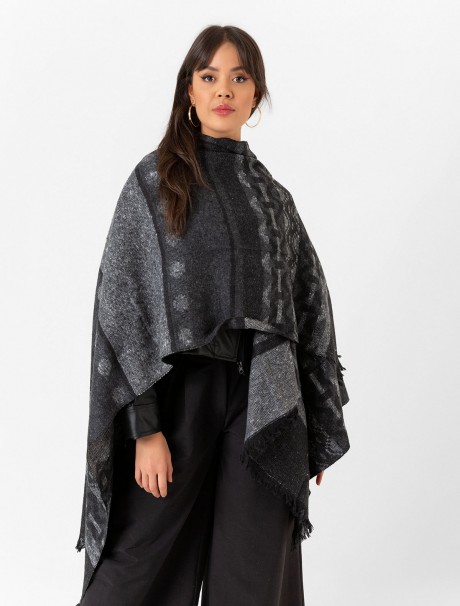 Çift Taraflı Omuz Şal Panço Karışık Desen