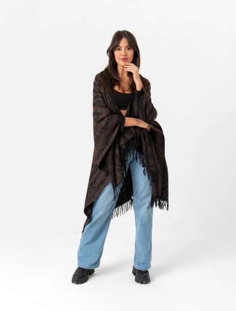 Çift Taraflı Omuz Şal Panço Karışık Desen