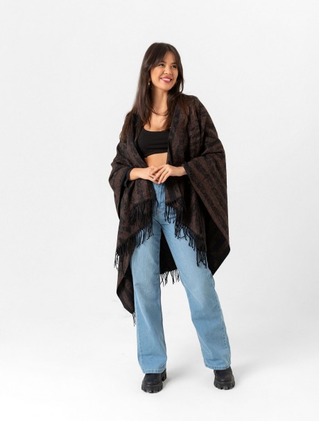 Çift Taraflı Omuz Şal Panço Karışık Desen