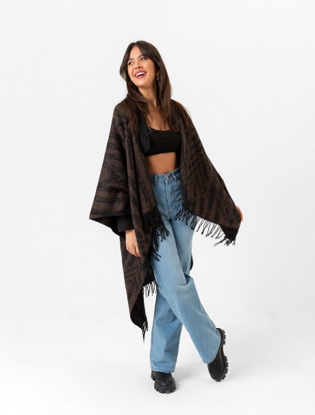 Çift Taraflı Omuz Şal Panço Karışık Desen