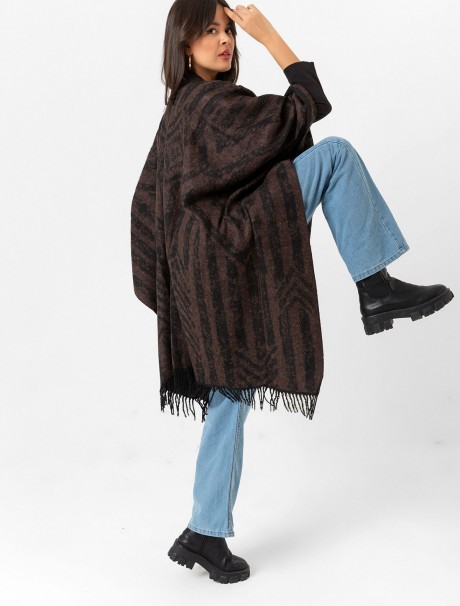 Çift Taraflı Omuz Şal Panço Karışık Desen