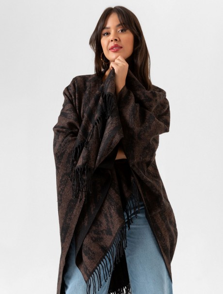 Çift Taraflı Omuz Şal Panço Karışık Desen