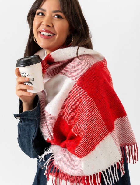 Kadın Buklet Şal - Kalın & Yün Kare Desen 180 x 60 Cm - KIRMIZI