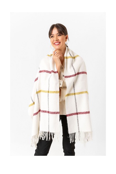 Kadın Buklet Şal - Kalın & Yün Çizgili Desen 170 x 60 Cm KIRMIZI-BEYAZ